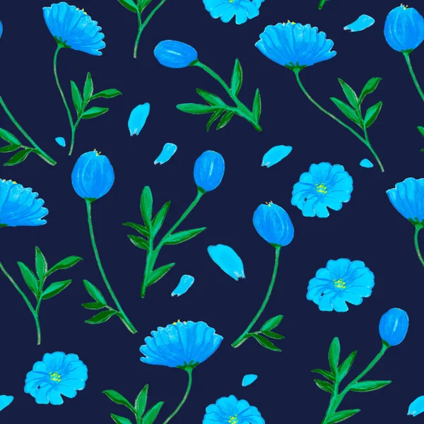 Hand Drawn Light Blue Flowers Pattern Cobalt Flourish Patterns Wildflowers — Fotografia de Stock