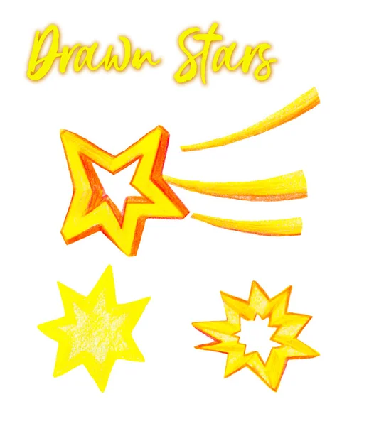 Ołówek narysowane żółte gwiazdki clipart, gwiaździsty zestaw, obiekty odizolowane, dziecinne tło, elementy rysowane dla dzieci, zabawna grafika, ołówek rysowane obiekty — Zdjęcie stockowe