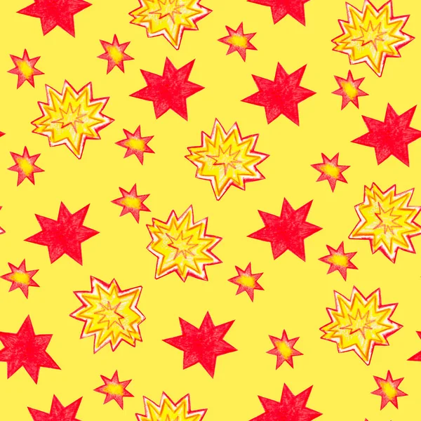 Clipart d'étoiles jaunes dessinées au crayon, motif étoilé, fond enfantin, toile de fond pour enfants, illustration drôle, objets dessinés au crayon, rouge, orange, fond jaune — Photo