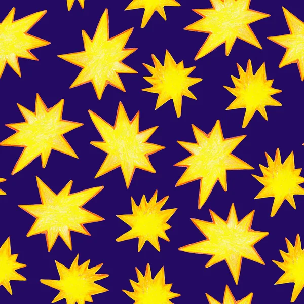 Klipp trukket med blyant, gule stjerner, stjernefargemønster, sømløst bakteppe, barnslige mønstre, ungeelementer, blå og gul, stjernehimmel – stockfoto
