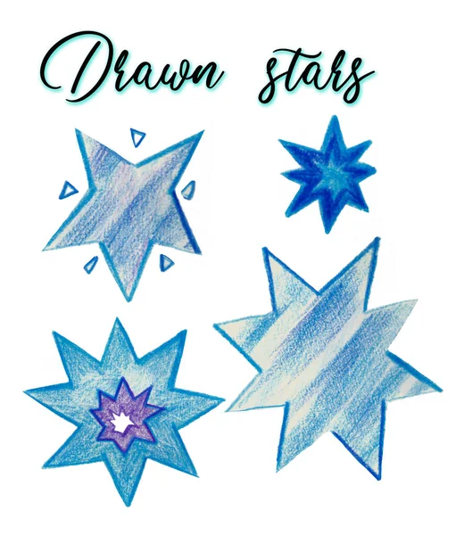 Ceruza húzott kék csillagok előfizetői, kézzel húzott kék csillagok, pislogott kék csillagok, ragyogó, elszigetelt elemek, betűző húzott csillagok — Stock Fotó