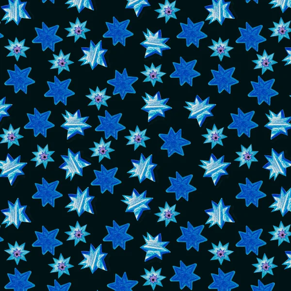 Ceruza rajzolt kék csillagok clip art, kézzel rajzolt csillagos minta, rajzolt kék csillagok háttér, ragyogó, elszigetelt gyerekek minta, kozmikus, csillagos háttér, fényes — Stock Fotó