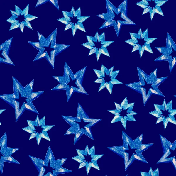 Clip art étoiles bleu dessiné au crayon, motif étoilé dessiné à la main, fond étoiles bleu dessiné, brillant, motif enfants isolés, cosmique, fond bleu — Photo