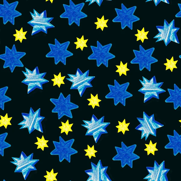 Lápiz dibujado estrellas azules clip art, dibujado a mano patrón estrellado, dibujado estrellas azules fondo, brillante, estrellas amarillas, aislado patrón de los niños, cósmico, fondo oscuro — Foto de Stock