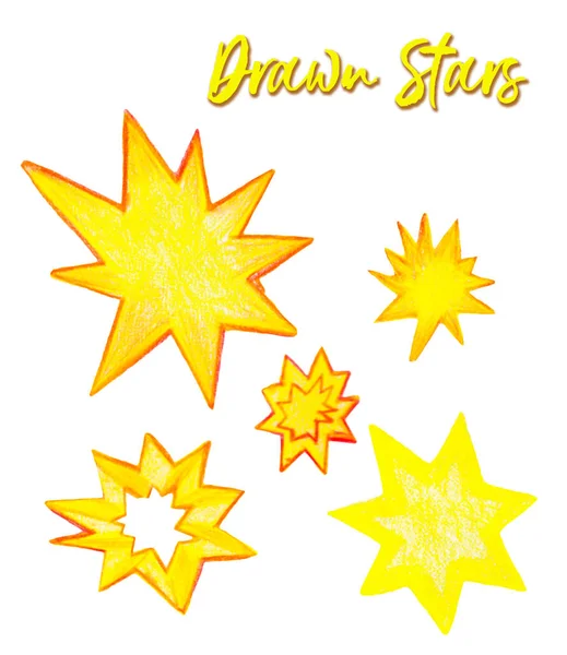 Ceruza húzott sárga csillagok előfizetői, csillagos elemek, kézzel rajzolt csillagok tárgyak, elszigetelt, matricák, fényes csillagok — Stock Fotó