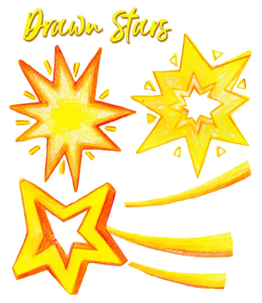Pencil drawn yellow stars clipart, starry elements, hand drawn stars objects, isolated, stickers, bright stars — Stock Photo, Image
