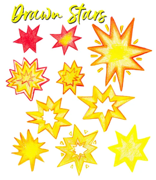 Crayon dessiné étoile jaune clipart, éléments étoilés, étoiles dessinées à la main objets, isolé, autocollants, étoiles rouges — Photo