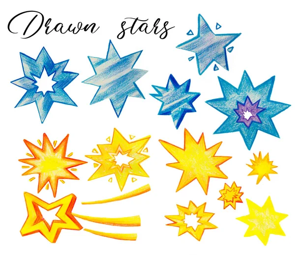 Ołówek rysowane niebieskie gwiazdy clipart, żółte gwiazdy clipart, ręcznie rysowane niebieskie gwiazdy, migające żółte iskry, świecące, pojedyncze elementy, liternictwo rysowane gwiazdy — Zdjęcie stockowe