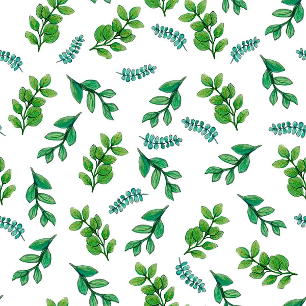 Watercolor hand drawn different leaves pattern, foliage background, green leaves, background, isolated leaves, textile design, fabric pattern — Stock Photo, Image