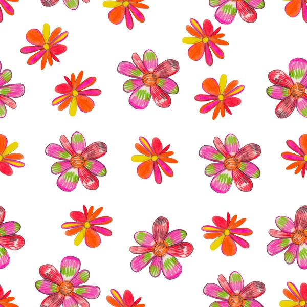 鉛筆はシンプルな多色の花のパターン 鉛筆の花 子供の背景 子供っぽい背景 シンプルな要素 ファブリックデザインを描きました — ストック写真