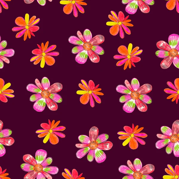 Pencil drawn simple multicoloured flowers pattern, pencil flowers, kids background, childish background, simple elements, fabric design