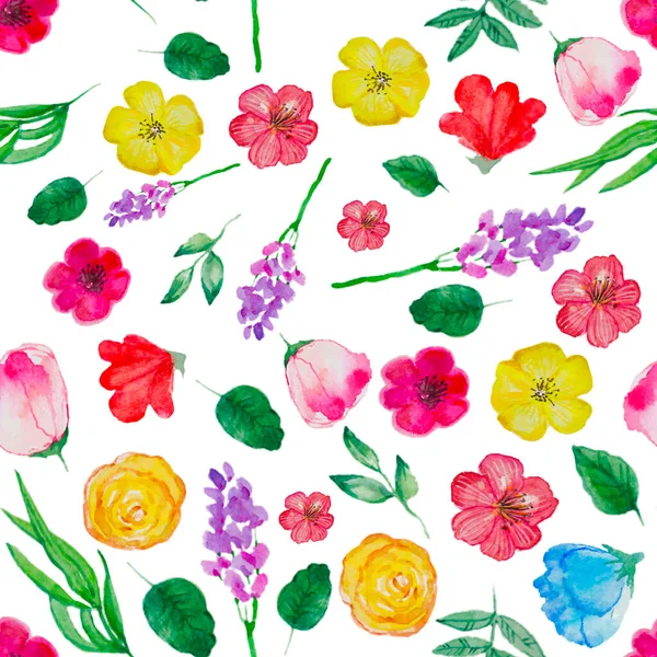 Aquarell Handgezeichnete Einfache Blumen Blütenmuster Verschiedene Wildblumen Isolierter Hintergrund Botanischer — Stockfoto