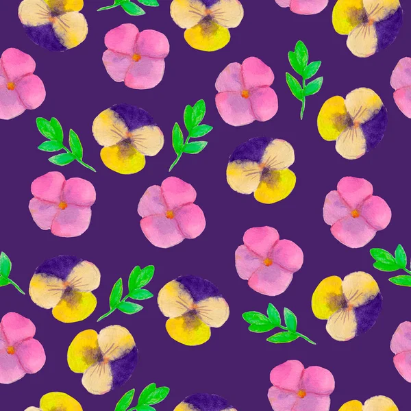 水彩画野花图案 紫罗兰花 植物学背景 繁茂的背景 紫罗兰花 紫罗兰背景 面料设计 — 图库照片