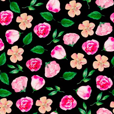 Suluboya el çizimi basit çiçekler, süslü desen, farklı yabani çiçekler, siyah arkaplan, botanik fon, pembe çiçekler, yeşil yapraklar, kumaş tasarımı