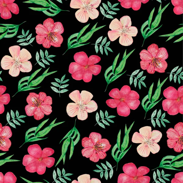 水彩手は 単純な花を描きました 繁栄パターン 異なる野生の花 黒の背景 植物の背景 ピンクの花 緑の葉 熱帯植物 ファブリックデザイン — ストック写真
