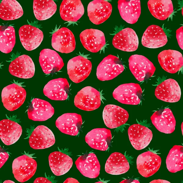 Akvarel Ručně Kreslené Jednoduché Ovoce Vzor Kreslené Jahody Tmavě Zelené — Stock fotografie