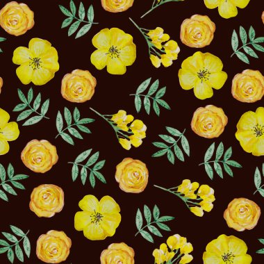 Suluboya el çizimi basit çiçekler, süslü desenler, farklı yabani çiçekler, sıcak kahverengi arka plan, botanik fon, sarı çiçekler, tropik botanik elementler, kumaş tasarımı