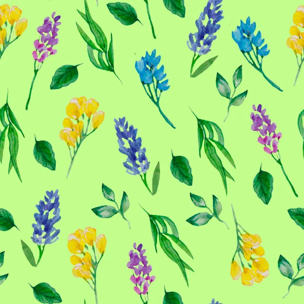 Watercolor Hand Drawn Simple Flowers Flourish Pattern Different Wildflowers Light — Stockfoto