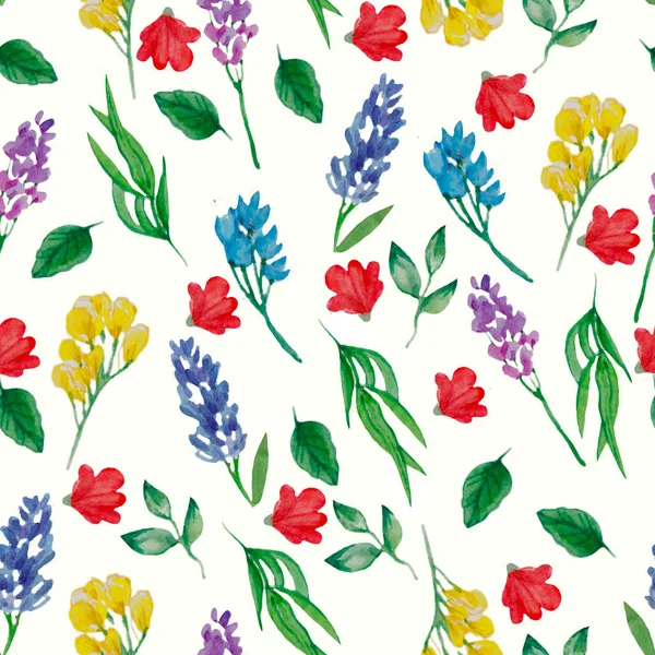 Watercolor Hand Drawn Simple Flowers Flourish Pattern Different Wildflowers Isolated — Stockfoto