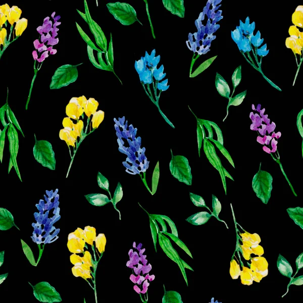 Aquarell Handgezeichnete Einfache Blumen Blütenmuster Verschiedene Wildblumen Schwarzer Hintergrund Blau — Stockfoto