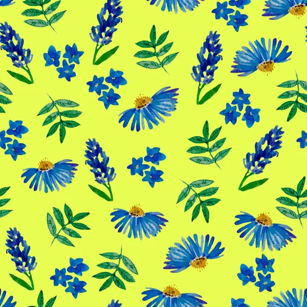 Aquarell Handgezeichnete Einfache Blumen Blütenmuster Verschiedene Wildblumen Warmer Gelber Hintergrund — Stockfoto