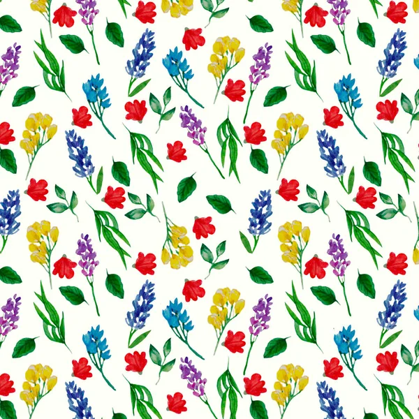 Watercolor Hand Drawn Simple Flowers Flourish Pattern Different Wildflowers Isolated — Stock Fotó