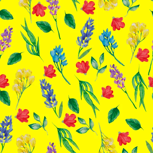 Aquarell Handgezeichnete Einfache Blumen Blütenmuster Verschiedene Wildblumen Leuchtend Gelber Hintergrund — Stockfoto