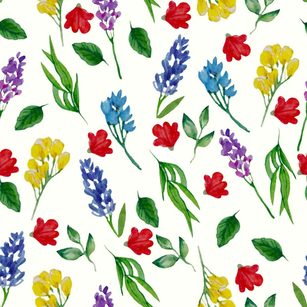 Watercolor Hand Drawn Simple Flowers Flourish Pattern Different Wildflowers Isolated — Stockfoto