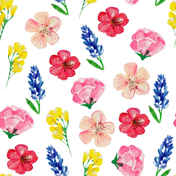 Watercolor Hand Drawn Simple Flowers Flourish Pattern Different Wild Flowers — Stockfoto