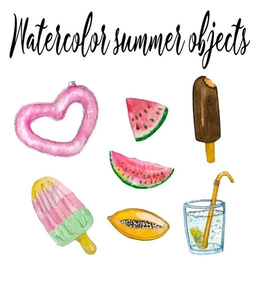 Watercolor hand drawn summer objects, drawn ice cream, watermelon, fruit ice cream, glass of water, rubber ring, summer set, fabric design