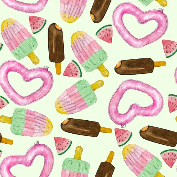 Watercolor hand drawn swimming pool pattern, chocolate ice creame, juicy ice creame, rubbed ring, summer objects, watermelon, fabric design
