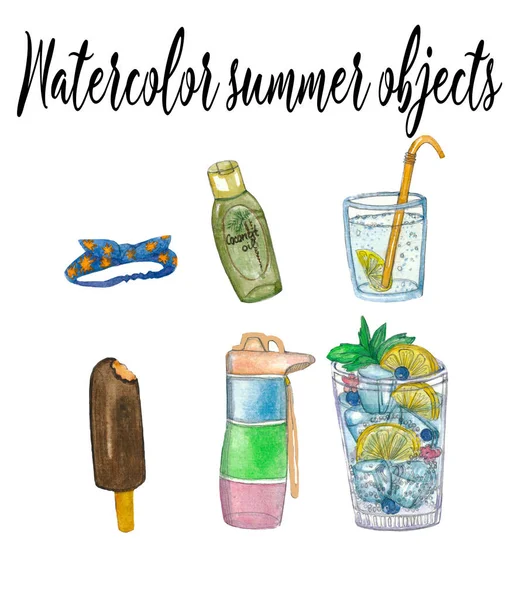 Watercolor Hand Drawn Summer Objects Drawn Ice Creame Coconut Oil — Stockfoto