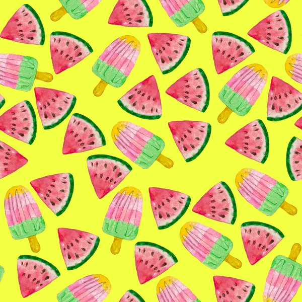 Watercolor hand drawn summer objects pattern, watermelon, frozen ice cream, summer background, cartoon objects, tasty, yellow food background, food background