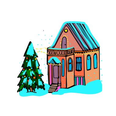 Vektör eli çizilmiş tatil evleri, rahat kış, ev, Noel ağacı, yeni yıl çelenkleri, Noel ışıkları, kar taneleri, Vektör illüstrasyonu