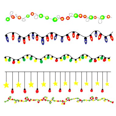 Vektör çizilmiş Noel ışıkları çelenkler, sarı lambalar, çizilmiş çelenkler, yeni yıl süslemeleri, parlak elektrik lambaları, yıldızlar, mavi, kırmızı, yeşil, Vektör illüstrasyonu