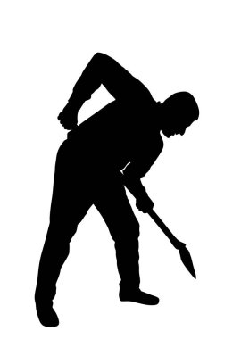 Kürekli bir adam bahçe vektör silüetinde çalışıyor. Kürekli inşaat işçisi. Bahçıvan toprağı kazıyor. Kürekli bir çiftçi. Kazıcı, aletle madencilik yapıyor. El işi endüstrisi.