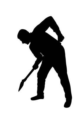Kürekli bir adam bahçe vektör silüetinde çalışıyor. Kürekli inşaat işçisi. Bahçıvan toprağı kazıyor. Kürekli bir çiftçi. Kazıcı, aletle madencilik yapıyor. El işi endüstrisi.