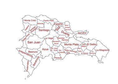 Dominik Cumhuriyeti vektör çizgisi beyaz arkaplanda izole edilmiş siluet çizimi. Detaylı. Sınırları olan ayrı bölgeler ve vilayetler. Karayip ülkesi, Haiti adasının bir parçası..