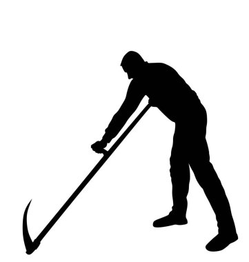 Beyaz arkaplanda izole edilmiş çim vektör silüetini kesmek için tırpan kullanan çiftçi. Kırsal bahçıvan bahçıvanı. Dışarıda sıkı çalışan tırpanlı bir taşralı. Köylü buğday ya da yonca biçiyor.