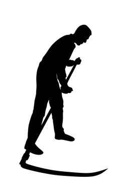 Beyaz arkaplanda izole edilmiş çim vektör silüetini kesmek için tırpan kullanan çiftçi. Kırsal bahçıvan bahçıvanı. Dışarıda sıkı çalışan tırpanlı bir taşralı. Köylü buğday ya da yonca biçiyor.