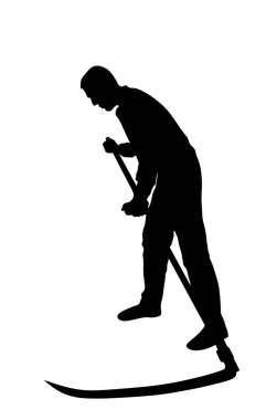 Beyaz arkaplanda izole edilmiş çim vektör silüetini kesmek için tırpan kullanan çiftçi. Kırsal bahçıvan bahçıvanı. Dışarıda sıkı çalışan tırpanlı bir taşralı. Köylü buğday ya da yonca biçiyor.