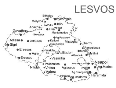Yunanistan 'ın Lesvos adası vektör çizgisi beyaz arka planda izole edilmiş harita silueti çizimi. Lezbiyen Haritası.