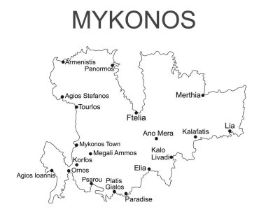 Yunanistan 'daki Mykonos Adası vektör haritası çizgisi beyaz arkaplanda izole edilmiş silüet çizimi.