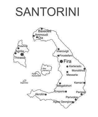 Santorini 'nin Yunan Adası harita çizgisi, beyaz arkaplanda izole edilmiş vektör siluet çizimi. Cyclades Takımadaları 'nın İyon adası sembolü. Yunanistan toprağı.
