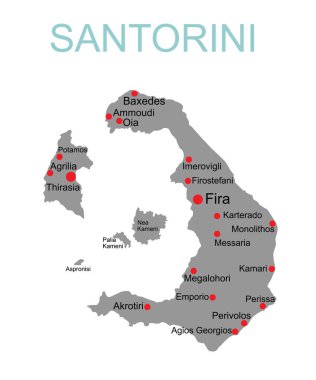 Yunanistan 'ın Santorini Adası harita vektör silueti çizimi beyaz arka planda izole edildi. Cyclades Takımadaları 'nın İyon adası sembolü. Yunanistan toprağı.
