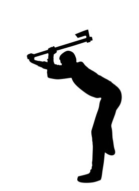 Balta vektör silüeti olan oduncu beyaz arka planda izole edilmiş. Ağaçkakan görevde. Kütük işçisi. Keresteci iş başında. Oduncu adam baltayı tutuyor. Forester çalışanı. balta ahşap işçiliği.