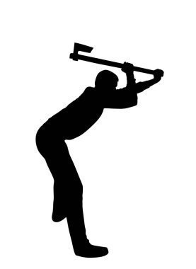 Balta vektör silüeti olan oduncu beyaz arka planda izole edilmiş. Ağaçkakan görevde. Kütük işçisi. Keresteci iş başında. Oduncu adam baltayı tutuyor. Forester çalışanı. balta ahşap işçiliği.