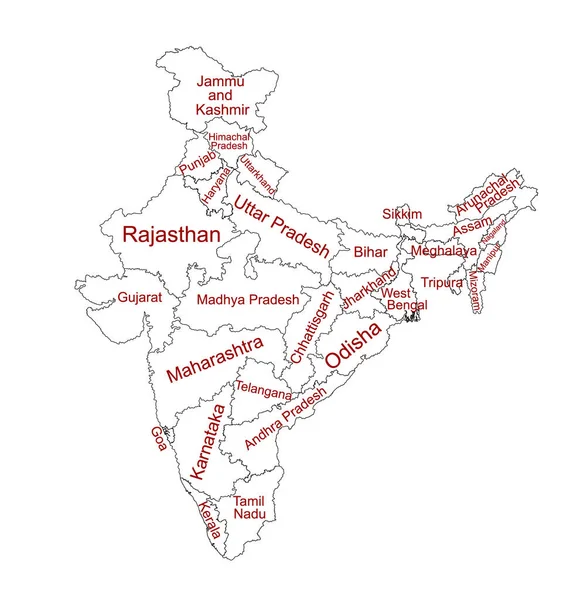 Indie Mapa Vektor Silueta Ilustrace Izolované Bílém Pozadí Velmi Detailní — Stockový vektor