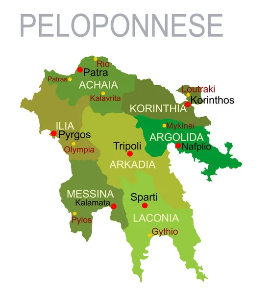 緑のペロポネソスベクトルマップベクトルのシルエットのイラストが白の背景に孤立 ギリシャの領土 ギリシャの海岸線地図地域管理部門の一部 分離された州と — ストックベクタ