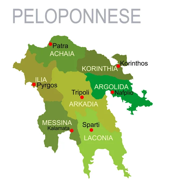 緑のペロポネソスベクトルマップベクトルのシルエットのイラストが白の背景に孤立 ギリシャの領土 ギリシャの海岸線地図地域管理部門の一部 分離された州と — ストックベクタ